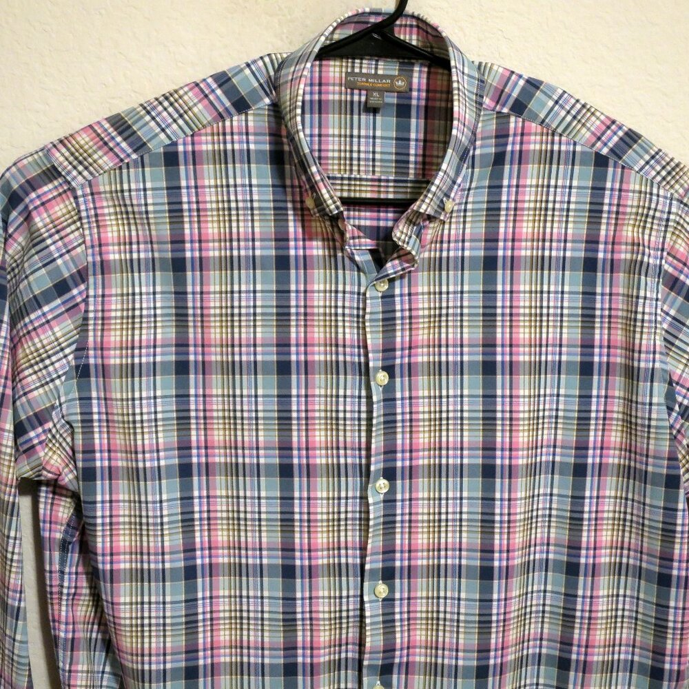 Peter Millar Shirt Mens XL Summer Comfort Long Sleeve Button Blue Pink Striped
